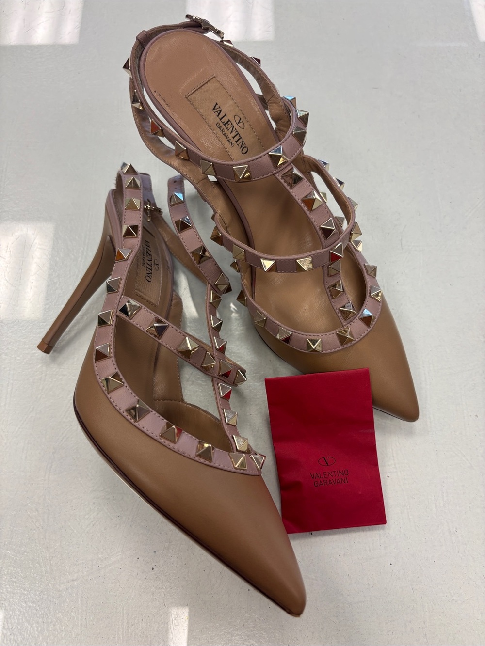 Valentino Tan Leather Pointed-Strap Rockstud Slingback Heels